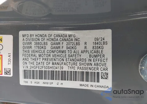 2025 Honda Civic Sport z USA, uszkodzony, nr VIN 2HGFE2F50SH534139